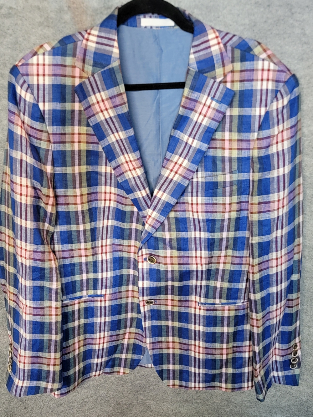 TALLIA Slim Fit Blue Multi-Color Plaid 100% Linen Sport Coat 42R